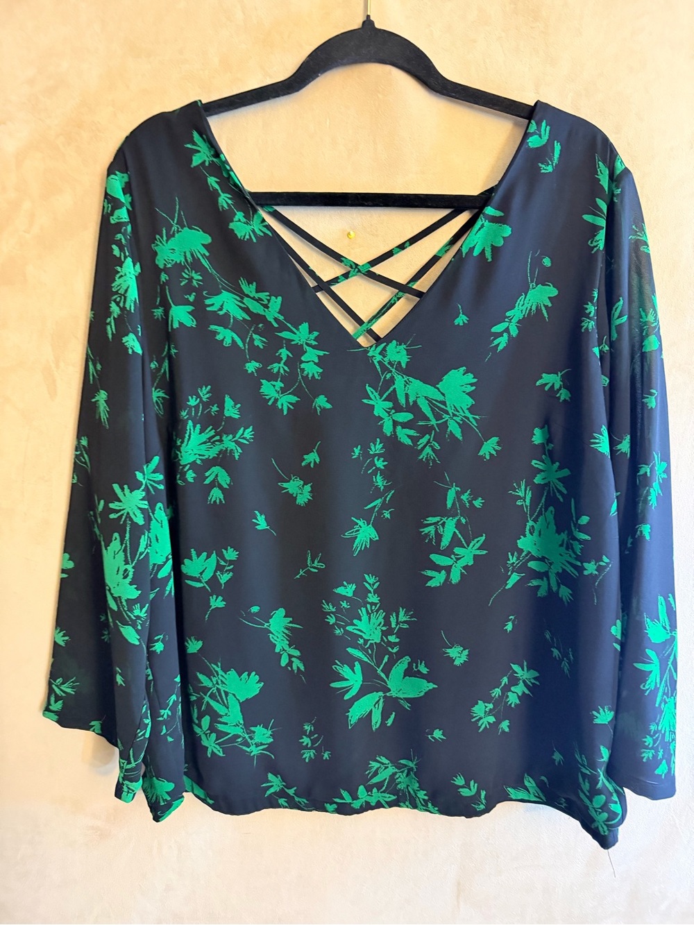 torrid Black V-Neck Top with Green Floral Print and Crisscross Detail